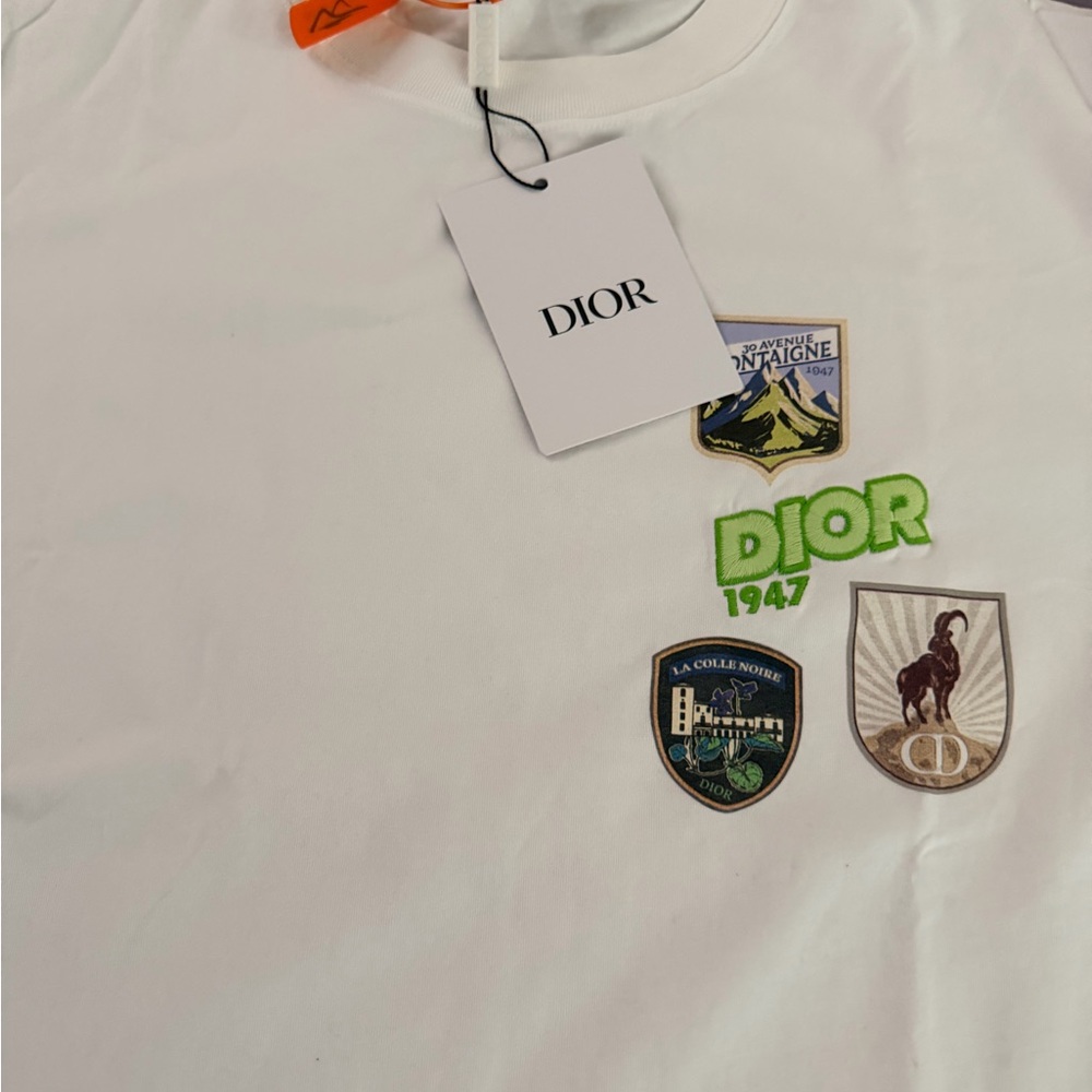 Dior Kids White T-Shirt with Green Logo and Multicolor Crest Patches